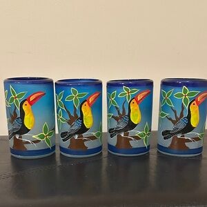 Hand-blown hand-painted cobalt glass tumbler with toucan in a tree - set of 4